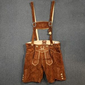 Bavaria Trachten Leather Lederhosen Mens 32 Brown Shorts Suspenders Embroidered